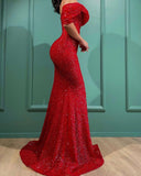 Sexy Glitter Sequins Mermaid Evening Prom Dress One Shoulder Red Party Gown