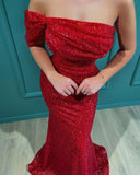 Sexy Glitter Sequins Mermaid Evening Prom Dress One Shoulder Red Party Gown