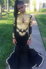 Sexy Gold Appliques Evening Dress Keyhole Black Mermaid Long-Sleeve Prom Dress