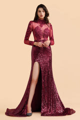 Sexy High-Neck Burgundy Sequined Slit Prom Dress | Long Sleeves Appliques Backless Formal Dress with Sheer Top