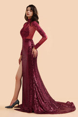 Sexy High-Neck Burgundy Sequined Slit Prom Dress | Long Sleeves Appliques Backless Formal Dress with Sheer Top