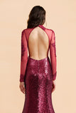 Sexy High-Neck Burgundy Sequined Slit Prom Dress | Long Sleeves Appliques Backless Formal Dress with Sheer Top