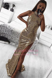 Sexy High Neck Gold Sequins Mermaid Prom Dresses | Sleeveless Side Split Evening Gowns