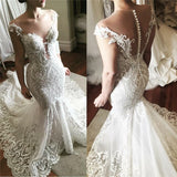 Sexy Lace Mermaid Wedding Dress | Glamorous Sheer Tulle Bridal Gowns with Buttons