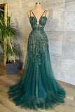 Sexy Long A-line V-Neck Spaghetti Straps Green Prom Dress With Lace