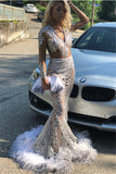 Sexy Long Sleeves V-Neck See-Through Evening Gown | Appliques Feather Mermaid Prom Dresses