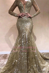 Sexy Long-sleeves Floor-Length Prom Dresses | Appliques V-neck Tulle Sequins Mermaid Dresses