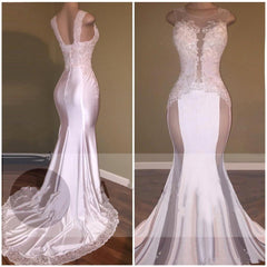 Sexy Mermaid Appliques Sheer Evening Gown White Beading Lace Glossy Prom Dresses