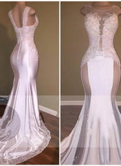 Sexy Mermaid Appliques Sheer Evening Gown White Beading Lace Glossy Prom Dresses