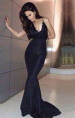 Sexy Mermaid Black Prom Dresses Straps Open Back Popular Evening Gowns CE073