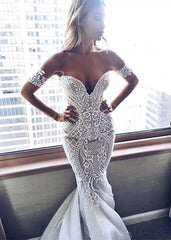 Sexy Mermaid Embroider Off-the-shoulder Zipper Wedding Dress