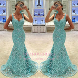 Sexy Mermaid Lace Formal Dresses | Appliques Sweep Train Sleeveless Evening Gown Long