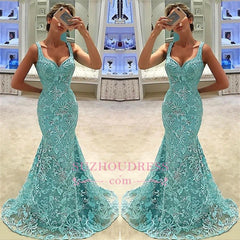 Sexy Mermaid Lace Formal Dresses | Appliques Sweep Train Sleeveless Evening Gown Long