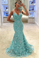 Sexy Mermaid Lace Formal Dresses | Appliques Sweep Train Sleeveless Evening Gown Long