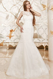 Sexy Mermaid Lace Wedding Dress Long Train Scalloped-edge Bridal Gowns with Button VK052