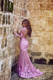 Sexy Mermaid Long Sleeve Lilac Evening Dresses Vintage Tulle Applique Long Special Occasion Gowns MH007