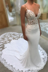 Sexy Mermaid Spaghetti Straps Wedding Dresses | Lace Open Back Bridal Gowns EN0025