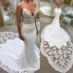 Sexy Mermaid Spaghetti Straps Wedding Dresses | Lace Open Back Bridal Gowns EN0025