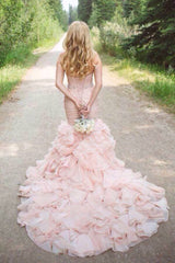 Sexy Mermaid Sweetheart Wedding Dresses Pink Crystal Lace-Up Lovely Ruffles Bridal Gowns