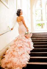 Sexy Mermaid Sweetheart Wedding Dresses Pink Crystal Lace-Up Lovely Ruffles Bridal Gowns