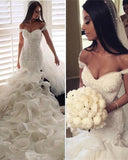 Sexy Mermaid Tiered Wedding Dress Off the Shoulder Beading Long Bridal Gown