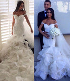 Sexy Mermaid Tiered Wedding Dress Off the Shoulder Beading Long Bridal Gown