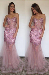 Sexy Mermaid Tulle Sweetheart Prom Dress Sparkly Beading Long Evening Gown