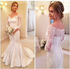 Sexy Mermaid V-Neck 3/4 Long Sleeve Wedding Dress White Lace Plus Size Bridal Gowns BA7484