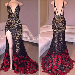 Sexy Mermaid V-Neck Lace Evening Gowns Latest Open Back Split Party Dresses MQ0