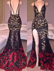 Sexy Mermaid V-Neck Lace Evening Gowns Latest Open Back Split Party Dresses MQ0