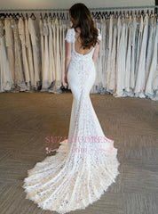 Sexy Mermaid V-Neck Wedding Dresses Open Back Short Sleeves Bridal Gowns