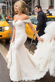 Sexy Mermaid Wedding Dress Strapless Lace Tulle Bridal Gowns with Cathedral Train