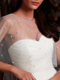 Sexy Mermaid Wedding Dress Strapless Tulle Sleeveless Bridal Gowns Cape Sweep Train