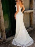 Sexy Mermaid Wedding Dress V-Neck Spaghetti Strap Lace Sleeveless Simple Bridal Gowns Sweep Train