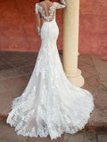 Sexy Mermaid Wedding Dresses Jewel Lace Tulle Long Sleeve Bridal Gowns Sweep Train