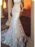 Sexy Mermaid Wedding Dresses Jewel Lace Tulle Long Sleeve Bridal Gowns Sweep Train