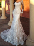 Sexy Mermaid Wedding Dresses Jewel Lace Tulle Long Sleeve Bridal Gowns Sweep Train