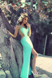 Sexy Mint Chiffon Long Evening Dress with Beadings V-Neck Side Slit Applique Prom Dress for Women MH012