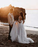 Sexy Off-the-shoulder sleeveless Tulle Wedding Dress with Lace