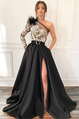 Sexy One-Shoulder Feather Prom Dress | Black Applique Side-Slit A-Line Prom Gown