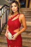 Sexy One-Shoulder Sleeveless Evening Gown | Red Sequins Side-Slit Prom Dress