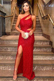 Sexy One-Shoulder Sleeveless Evening Gown | Red Sequins Side-Slit Prom Dress