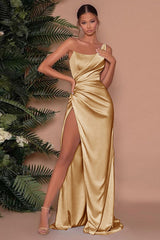 Sexy One Shoulder Slit Long Prom Dress With Satin Side