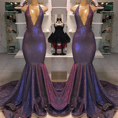 Sexy Open Back V-neck Sleeveless Mermaid Shiny Prom Dresses for Juniors