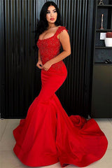 Sexy Red Mermaid Evening Dresses | Long Beaded Straps Formal Dresses BC0080