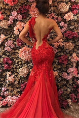 Sexy Red One Shoulder Sleeveless Tulle Prom Dresses | Mermaid Open Back Appliques Evening Gown