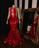 Sexy Red Sequins Prom Dresses | Long Sleeves Evening Dresses