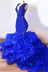 Sexy Royal Blue Mermaid Prom Dresses V-Neck Sleeveless Ruffles Evening Dresses