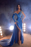 Sexy Royal Blue One Shoulder Long Sleeve Prom Dresses with Slit