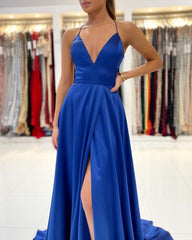 Sexy Royal Blue Stretch Satin Ruffles High Split Evening Dresses